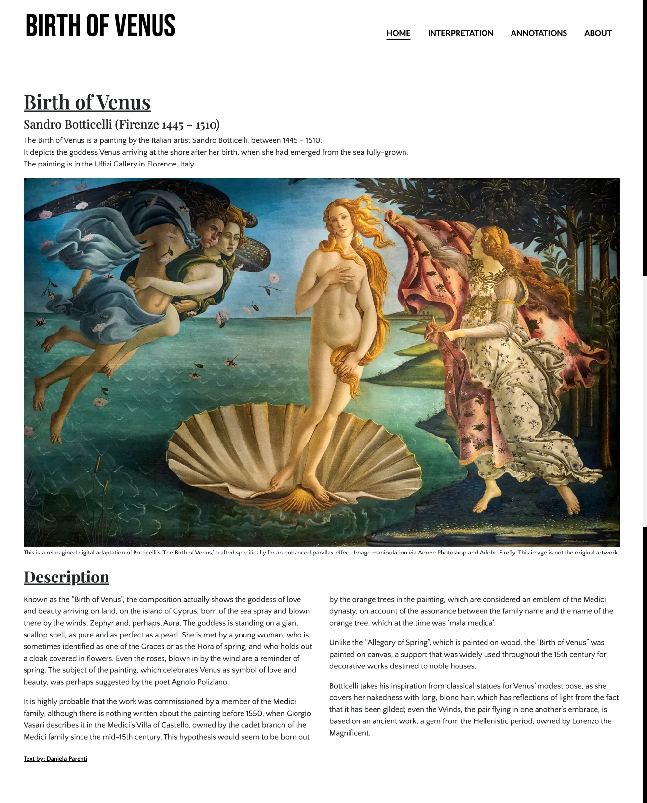 Birth of Venus interactive art website homepage preview