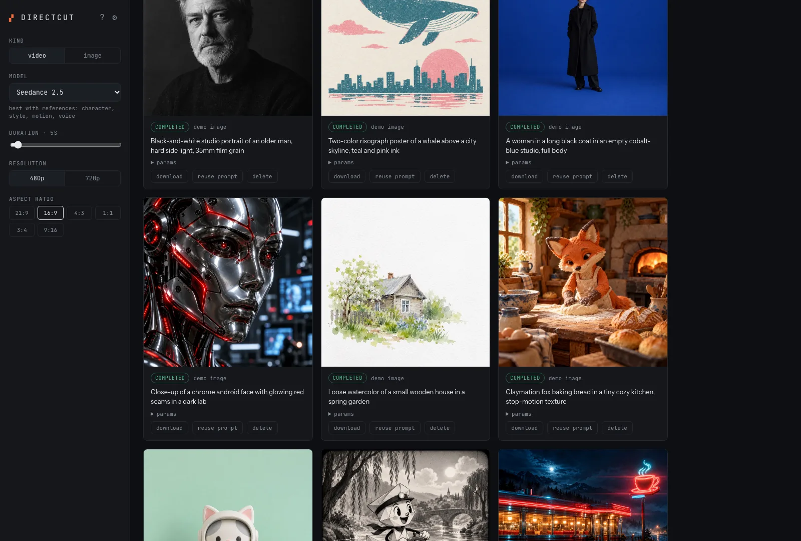 The Directcut gallery with demo images: a black-and-white portrait, a risograph whale, a watercolor house, a chrome android and a claymation fox.