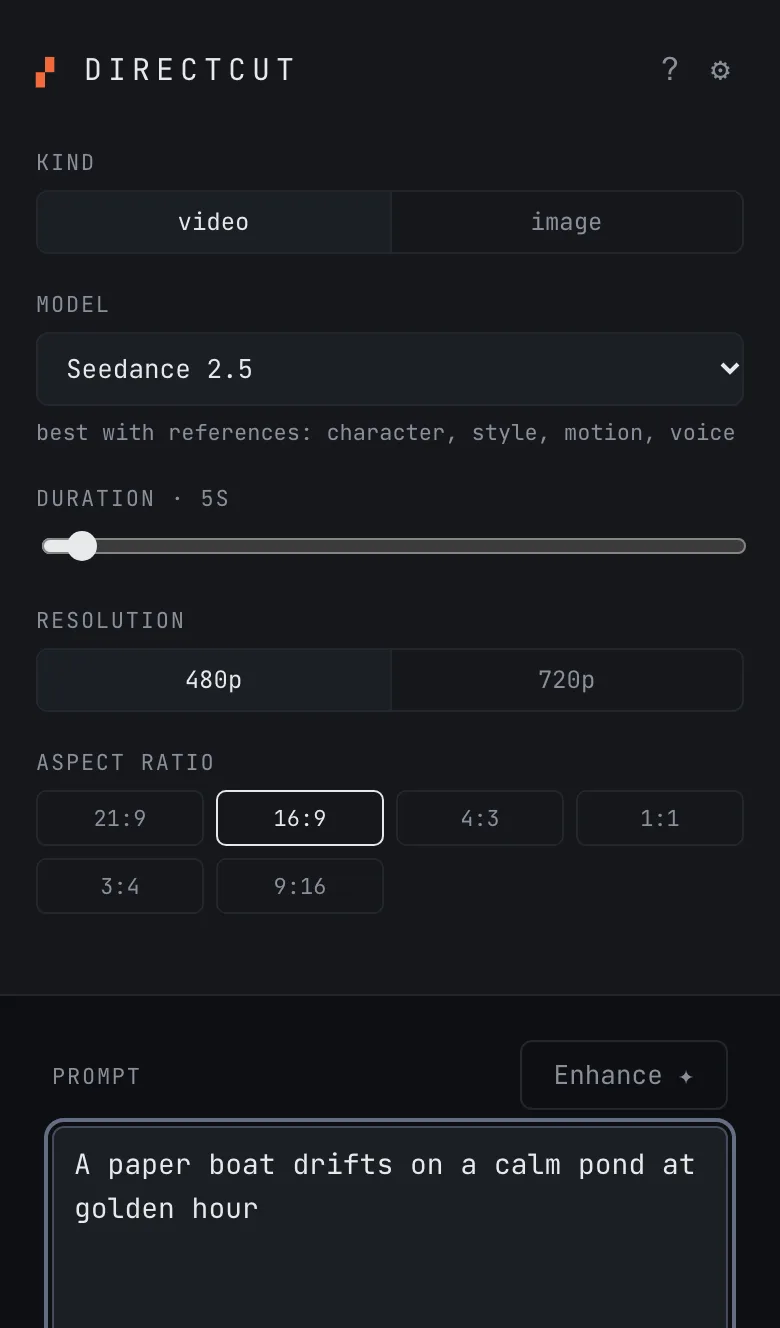 Directcut on a phone: the video and image switch, the model picker and the duration, resolution and aspect ratio controls.