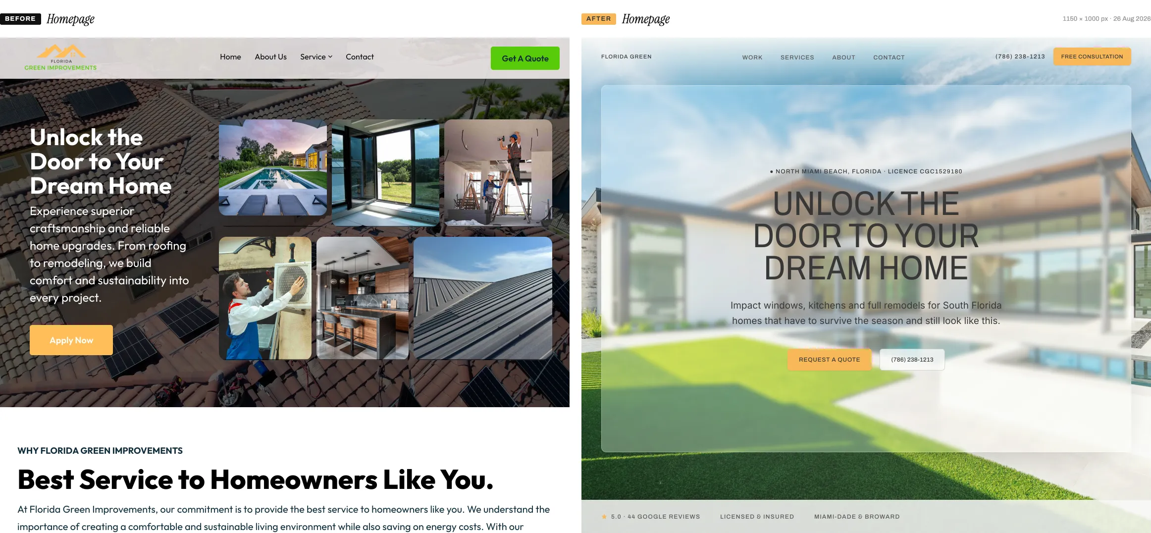 The Florida Green Improvements homepage before and after the rebuild, both at 1150 pixels wide