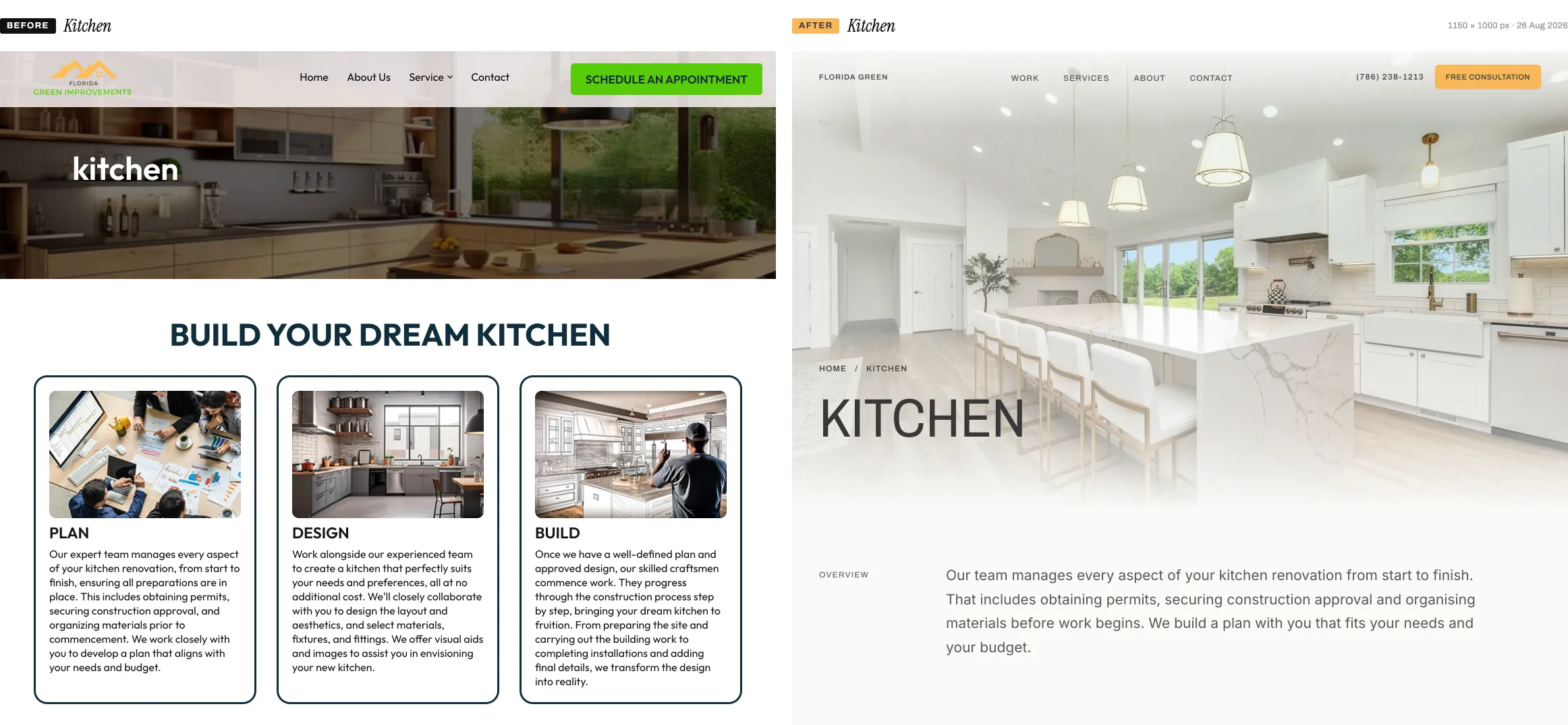 The Florida Green Improvements kitchen page before and after the rebuild, both at 1150 pixels wide