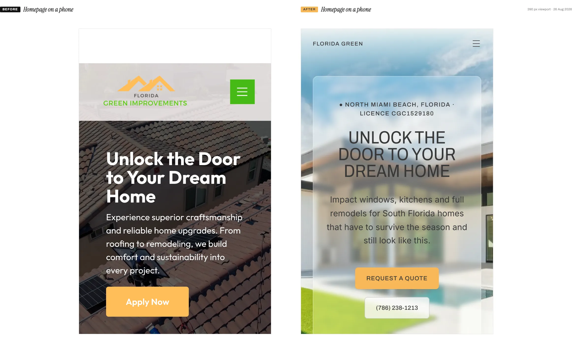 The Florida Green Improvements homepage before and after the rebuild, both captured at a 390 pixel phone viewport