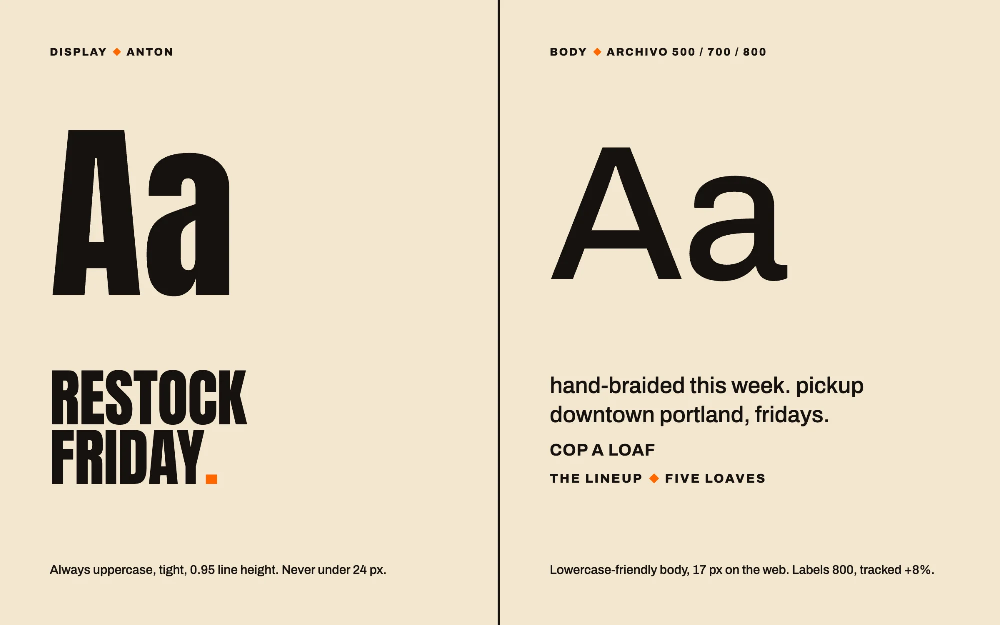 Type: Anton for display, Archivo for body, with specimens
