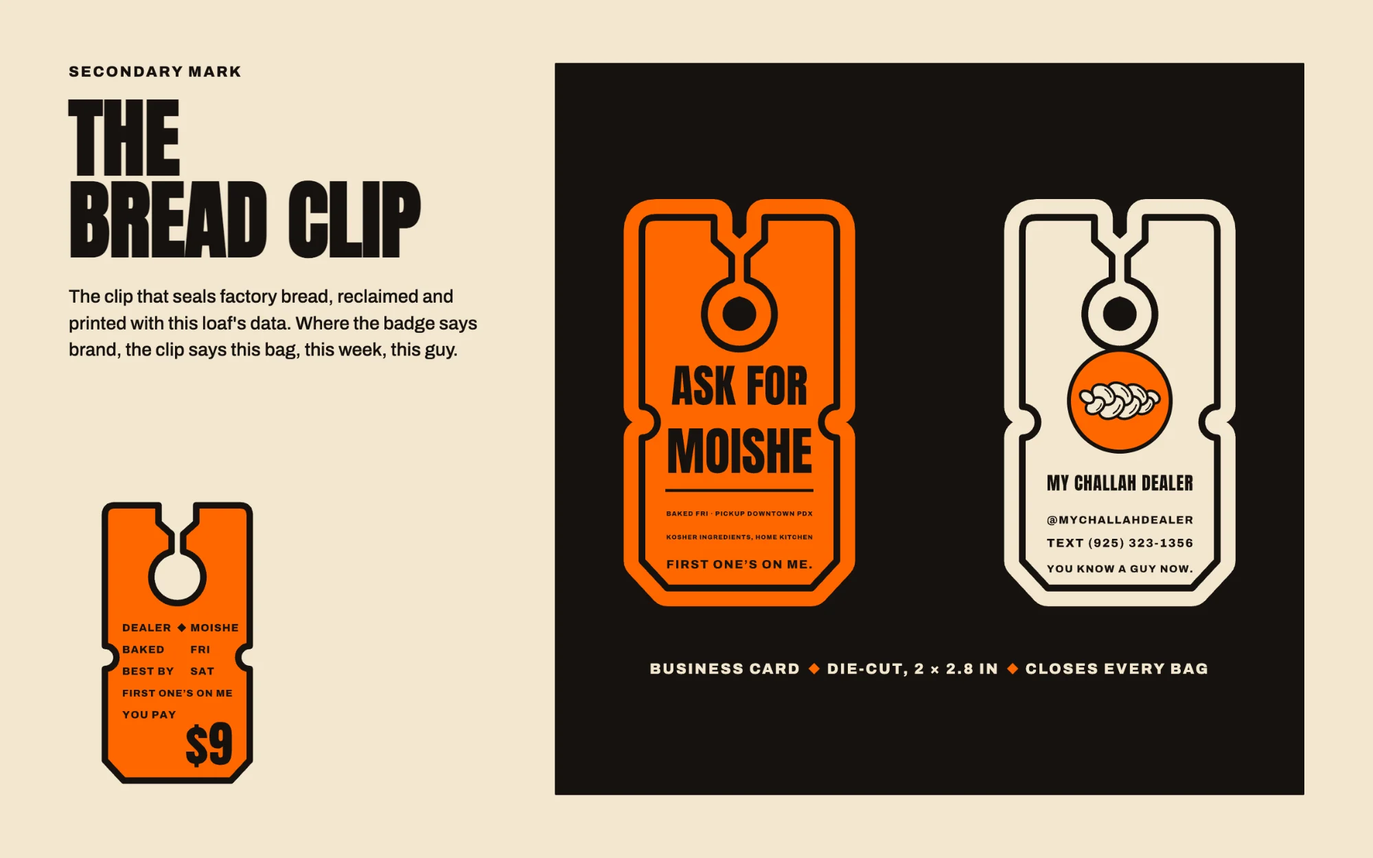 The bread clip secondary mark, and the die-cut clip business card, front and back