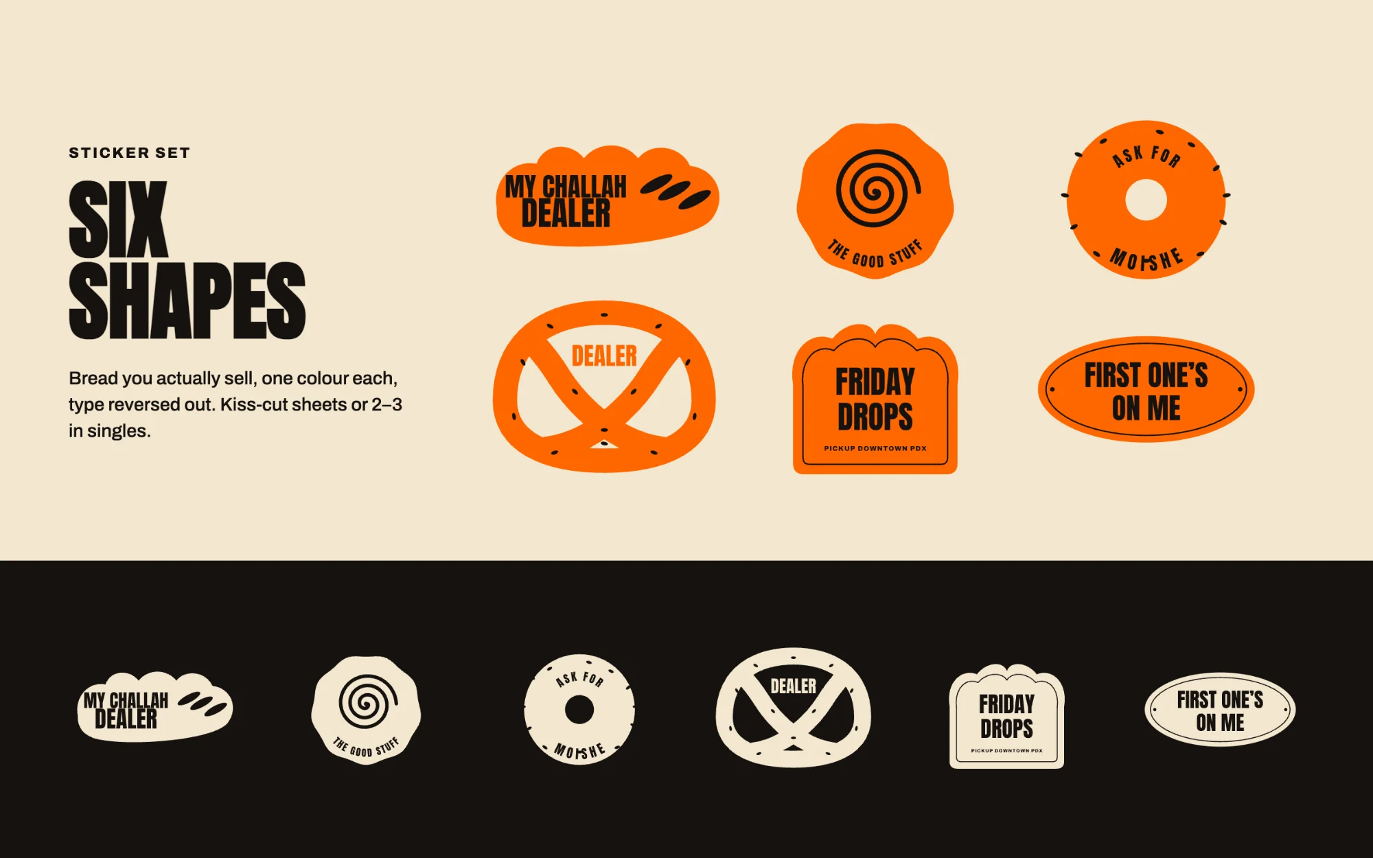 The six-shape sticker set in orange, and in cream on black