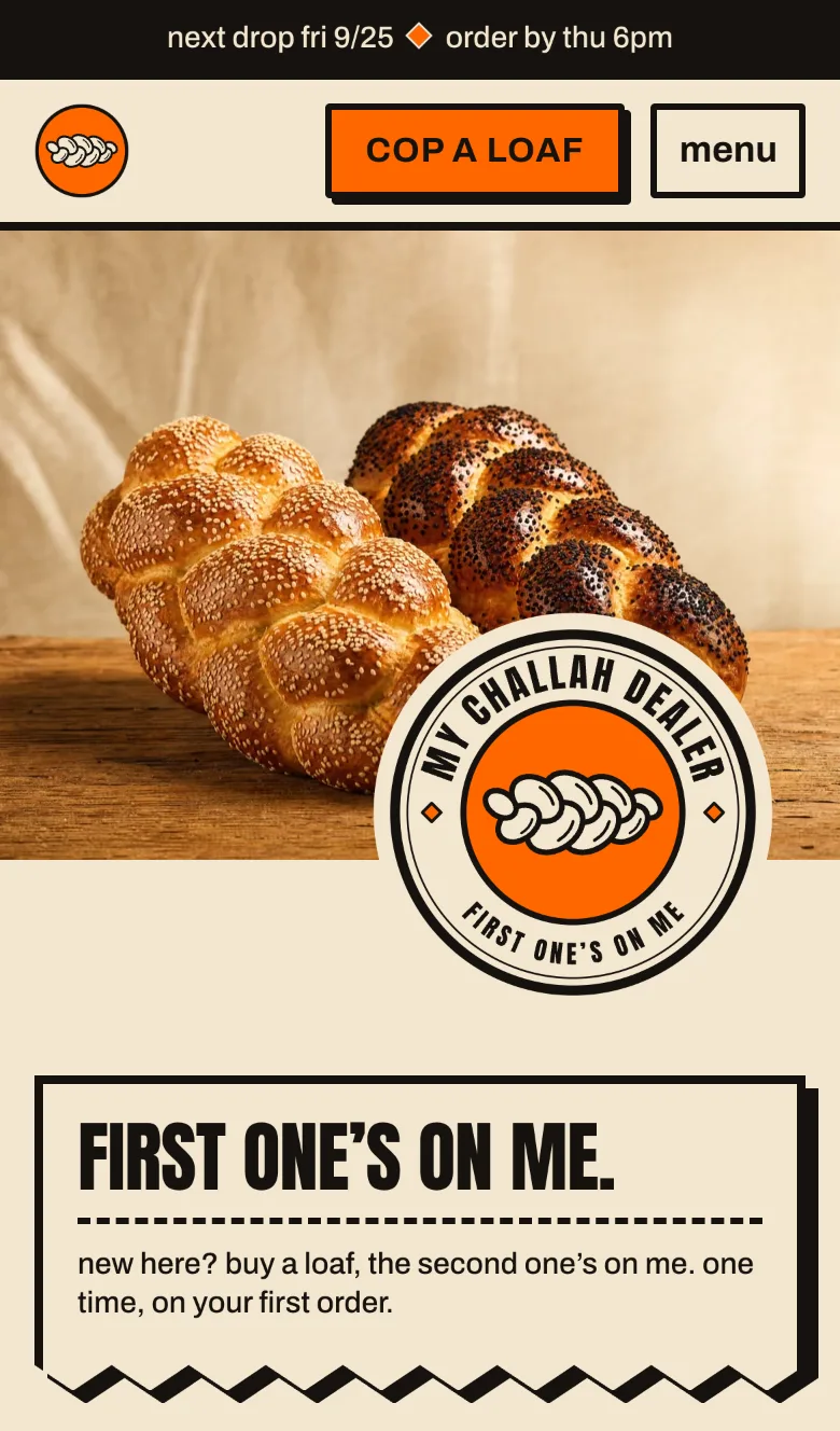 The My Challah Dealer homepage on a phone, with the next pickup date and order cutoff in the top bar