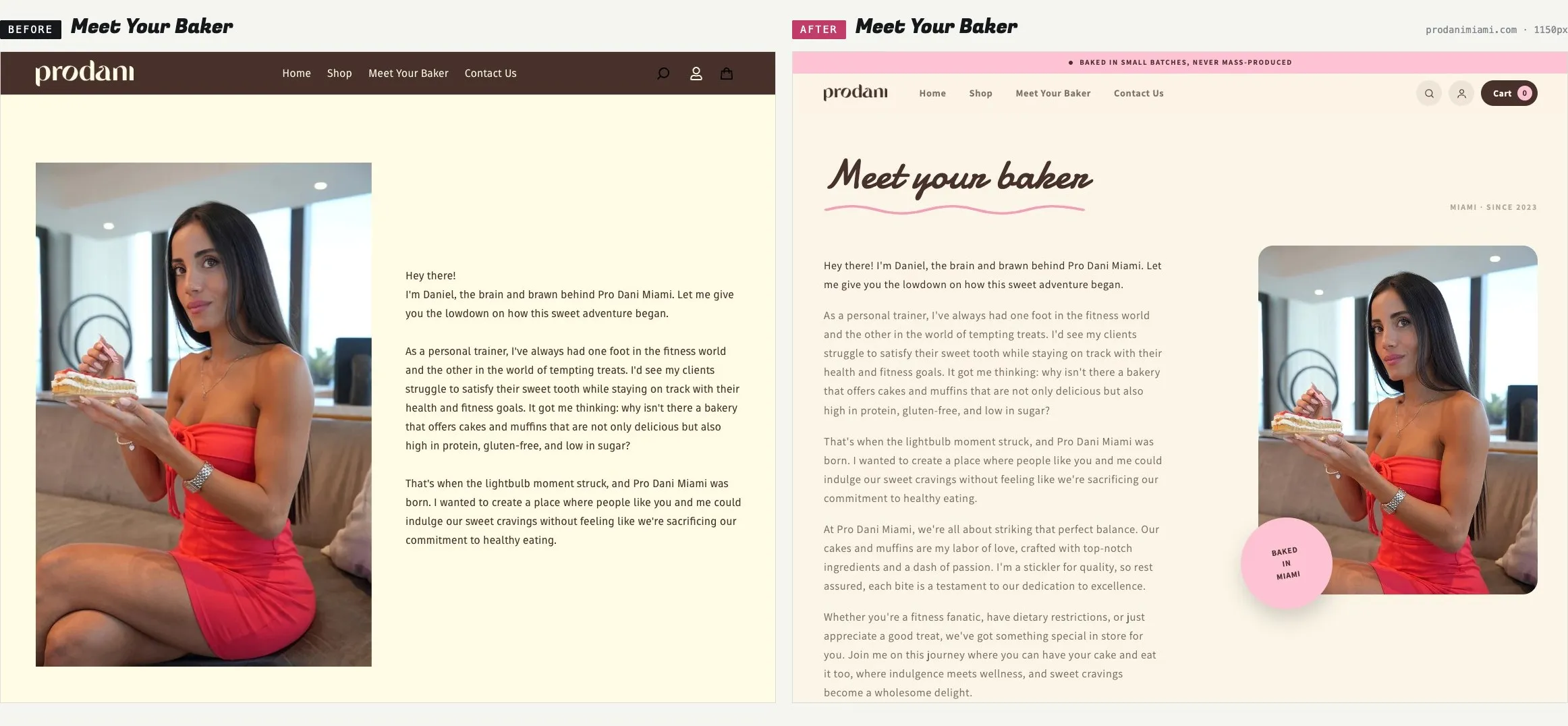 The Prodani Miami Meet Your Baker page before and after the rebuild, both at 1150 pixels wide