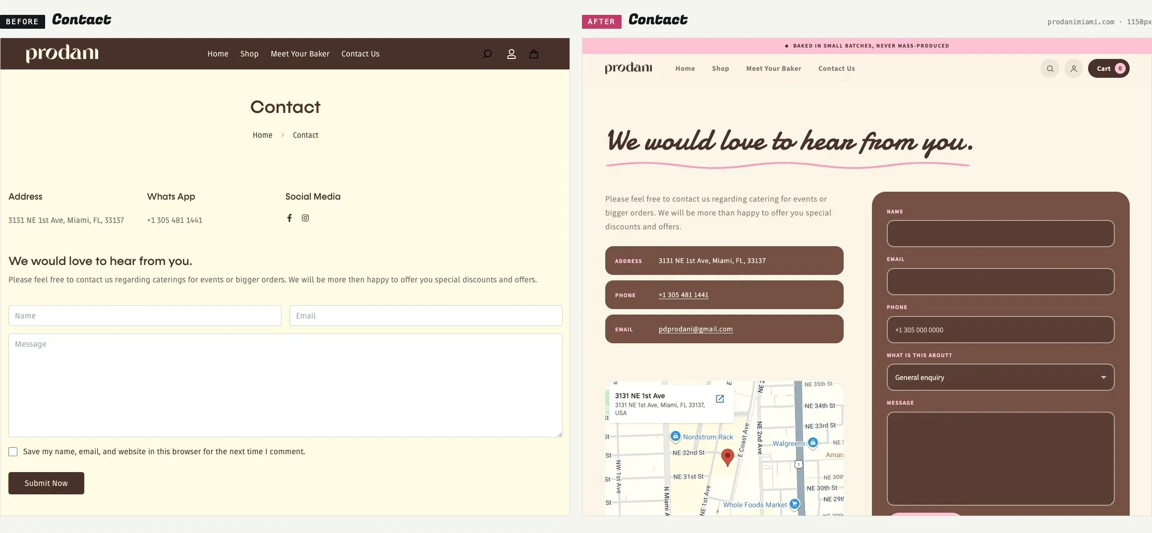 The Prodani Miami contact page before and after the rebuild, both at 1150 pixels wide