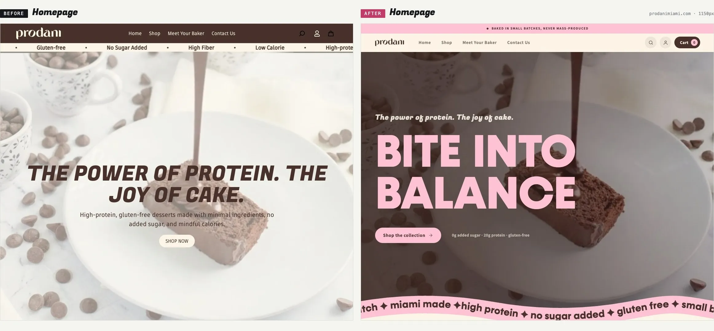 The Prodani Miami homepage before and after the rebuild, both at 1150 pixels wide