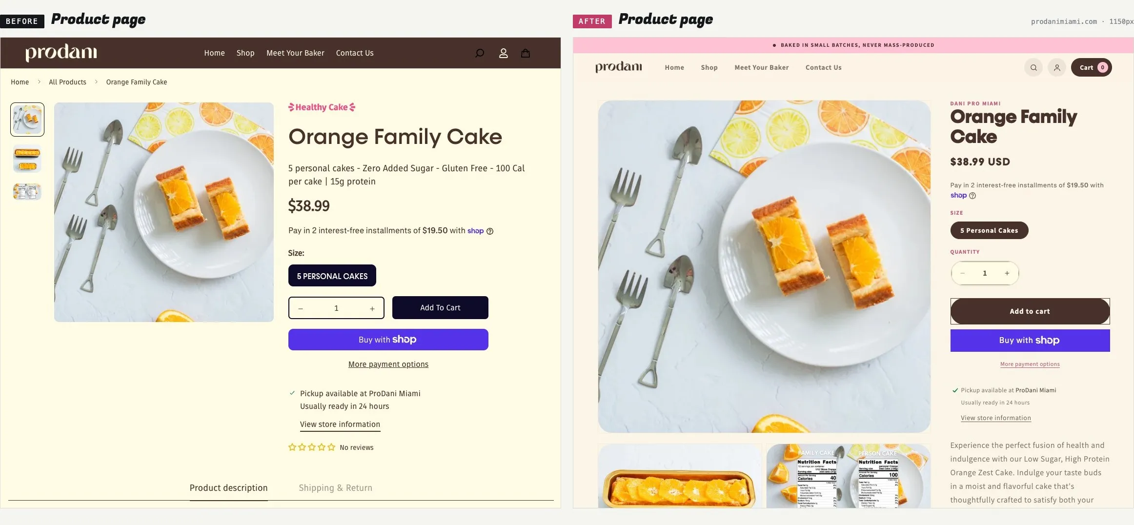 A Prodani Miami product page before and after the rebuild, both at 1150 pixels wide