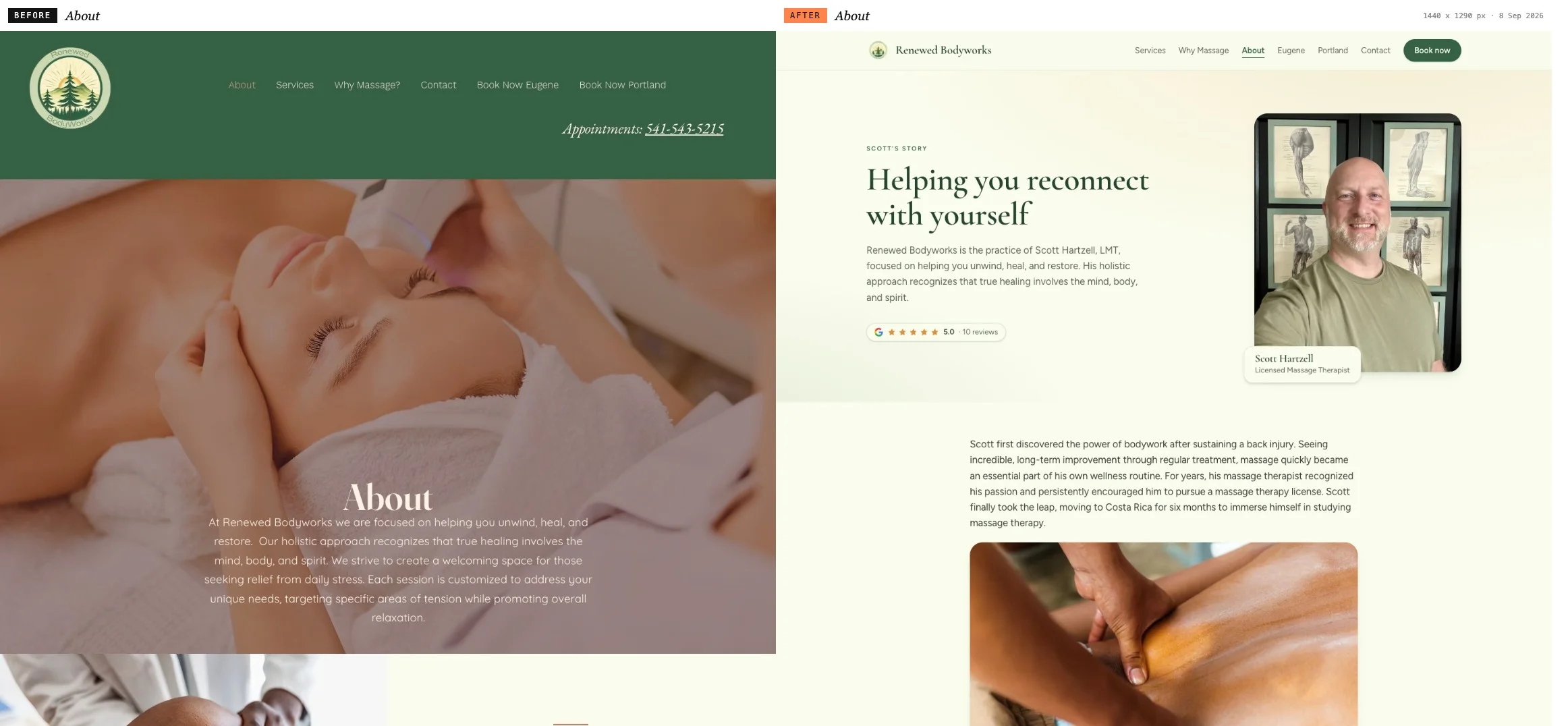 The Renewed Bodyworks about page before and after the rebuild, both at 1440 pixels wide