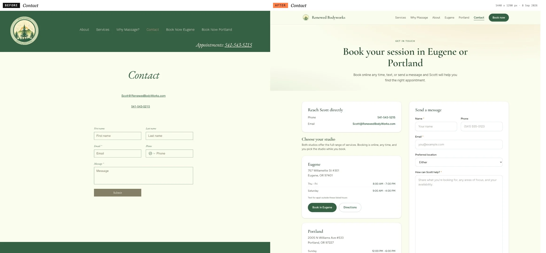 The Renewed Bodyworks contact page before and after the rebuild, both at 1440 pixels wide