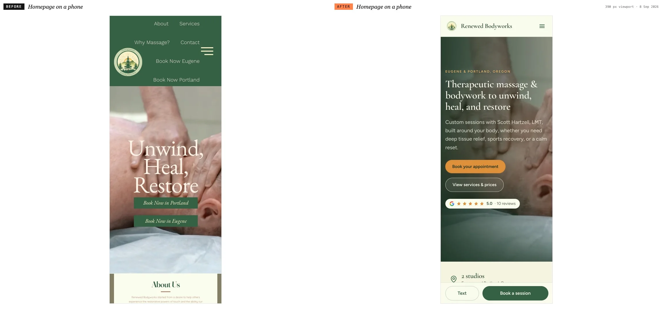 The Renewed Bodyworks homepage before and after the rebuild, both captured at a 390 pixel phone viewport