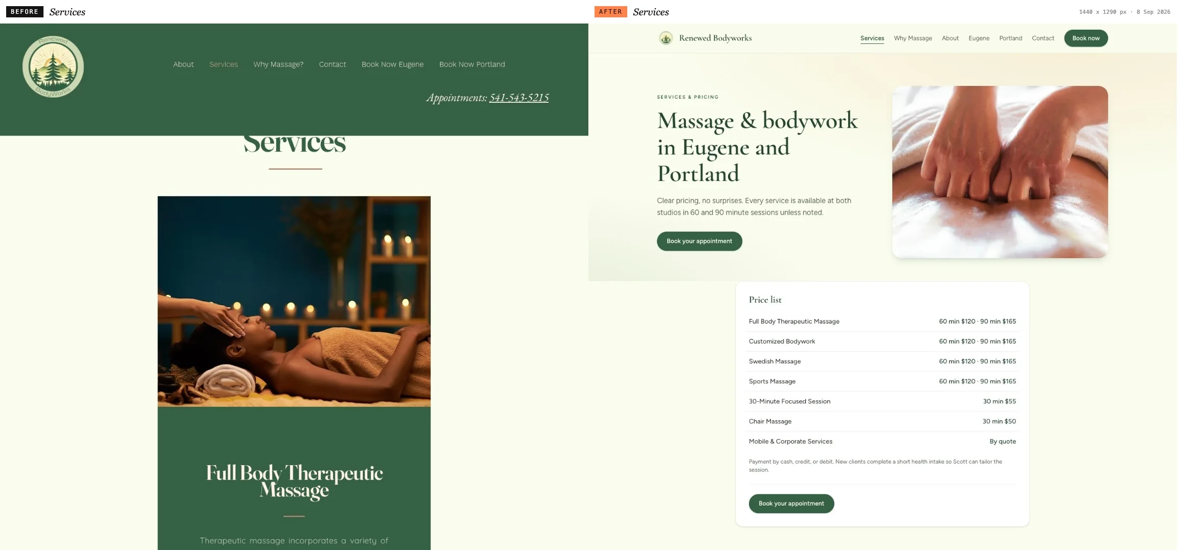 The Renewed Bodyworks services page before and after the rebuild, both at 1440 pixels wide