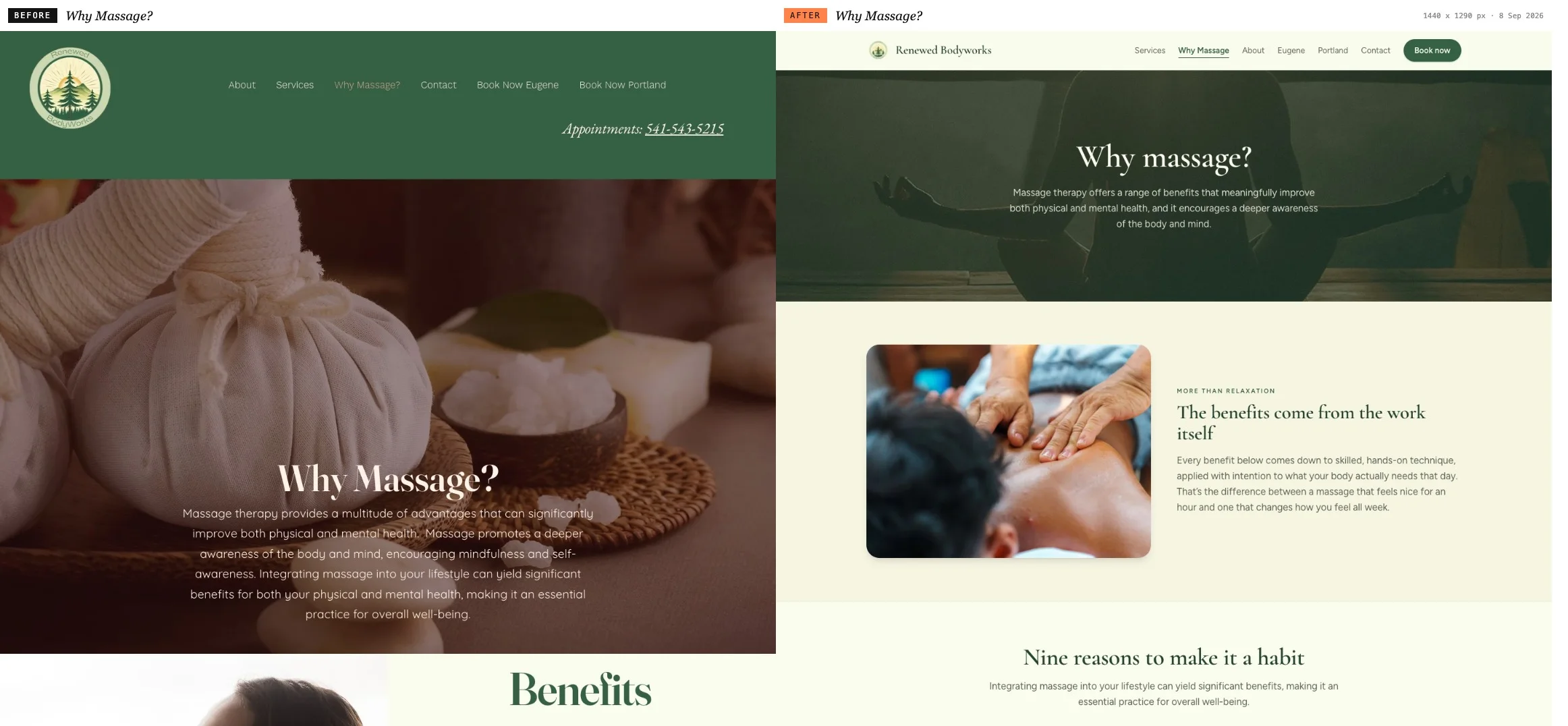 The Renewed Bodyworks why massage page before and after the rebuild, both at 1440 pixels wide