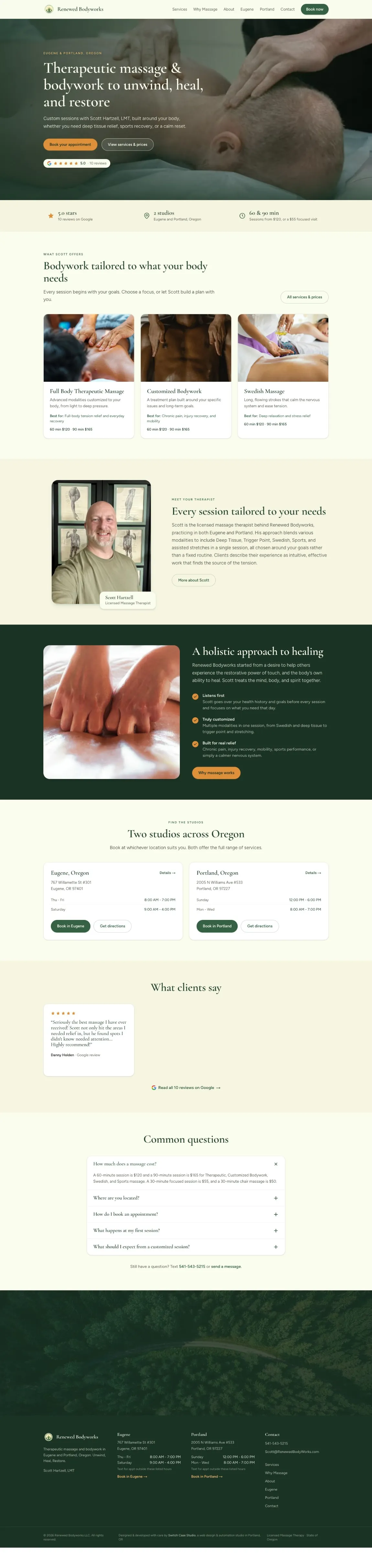 The rebuilt Renewed Bodyworks homepage: a serif headline over full-bleed video of a massage session, with the Google rating beneath it