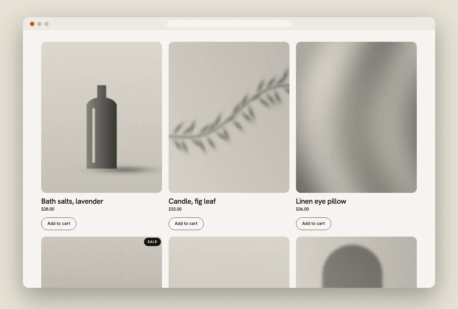 Unhurried Pro's WooCommerce shop grid: still-life product photos with hairline Add to cart pills.