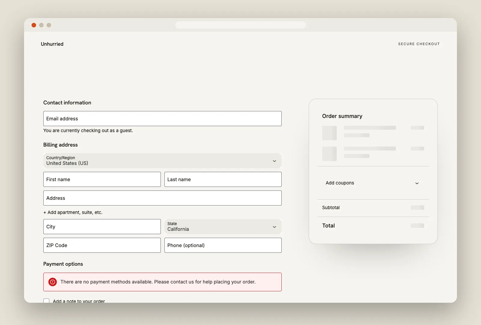 Checkout page with a minimal header and a floating order summary