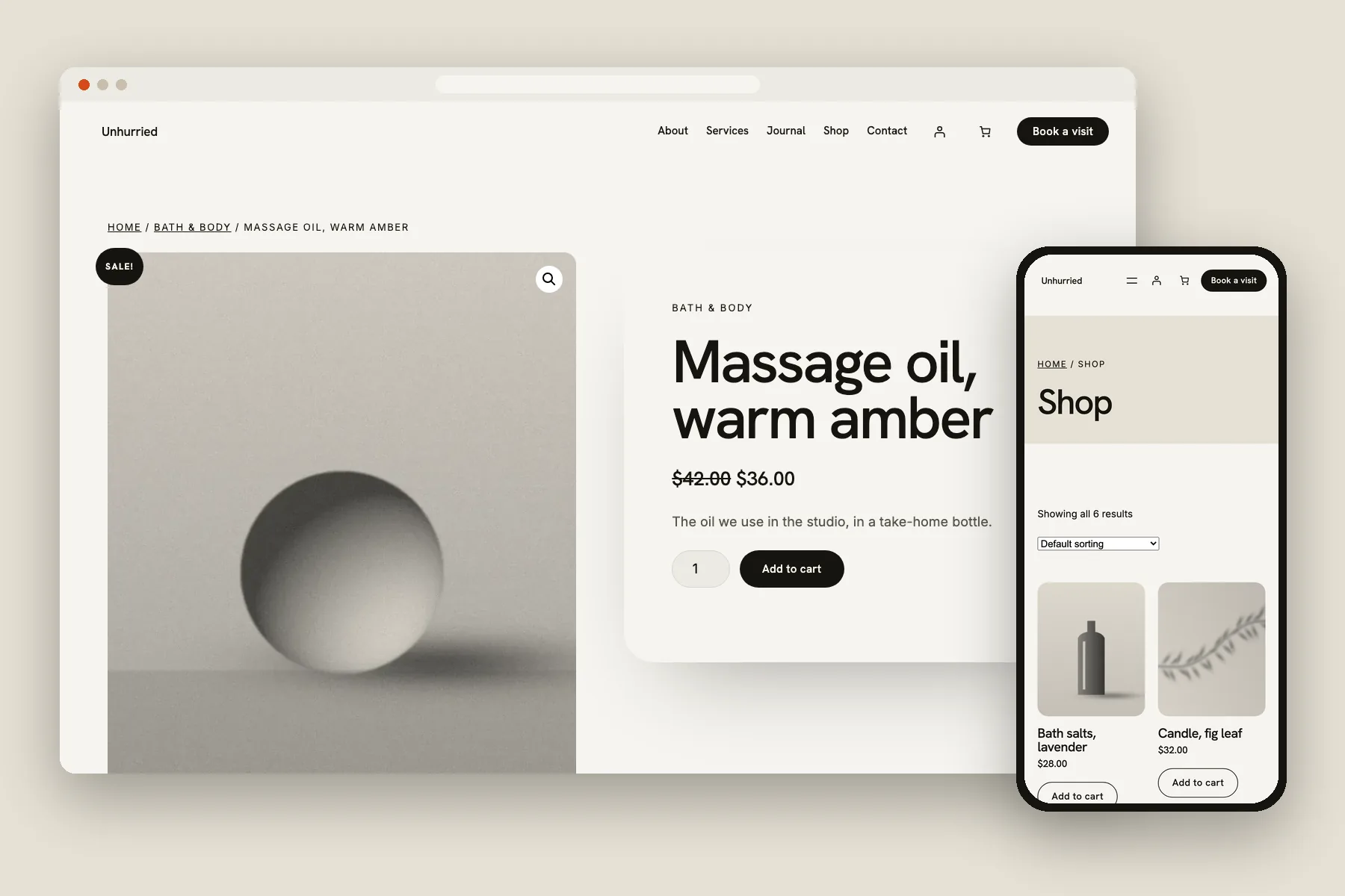 Unhurried Pro product page on desktop, with the shop grid on a phone beside it