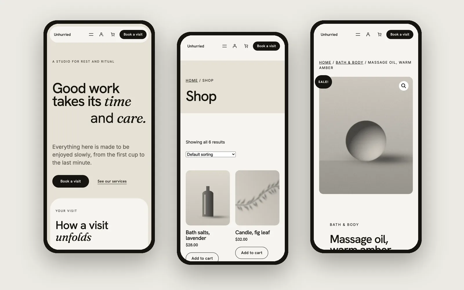 Homepage, shop and product page on three phones