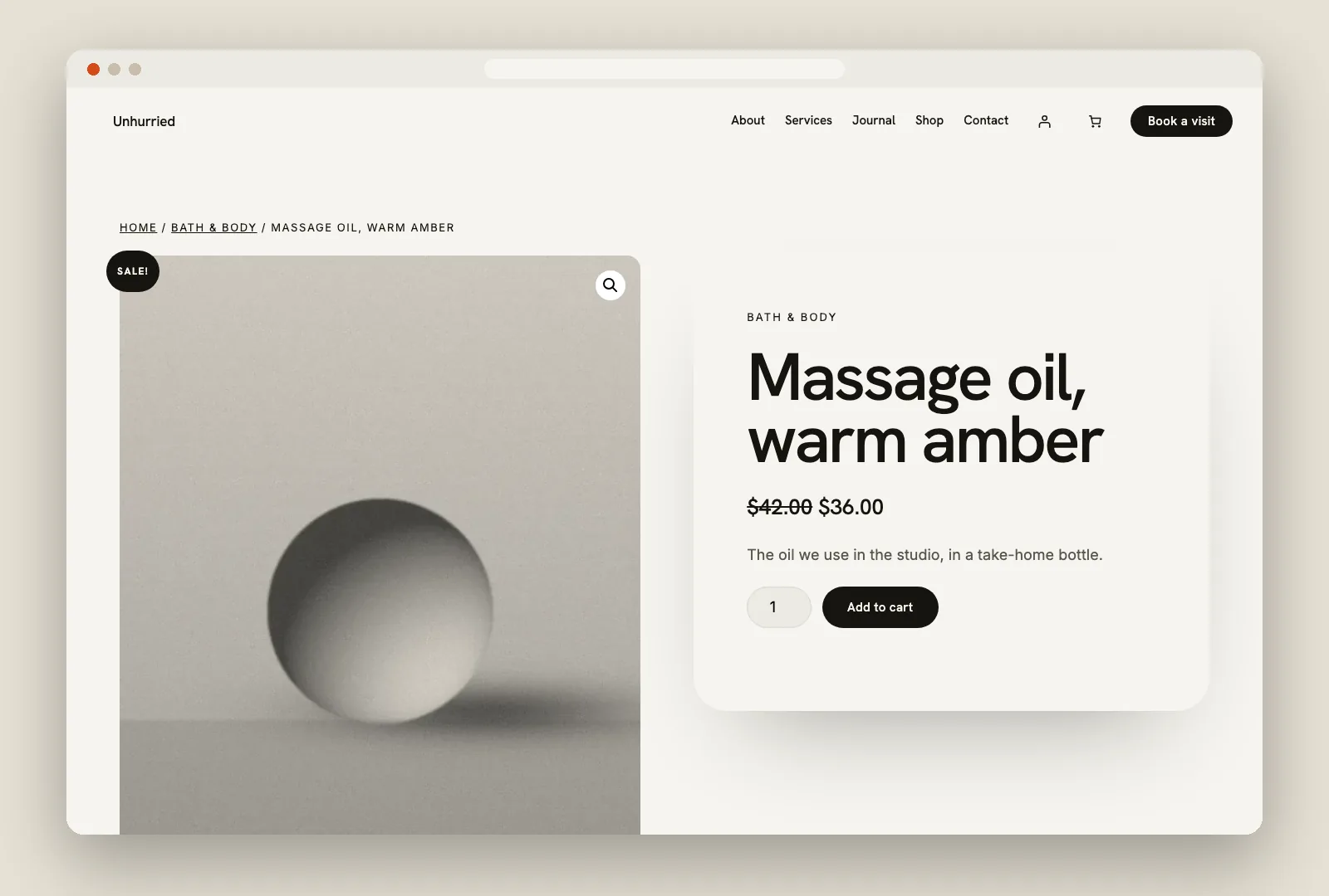Product page with a large photo and a floating summary panel