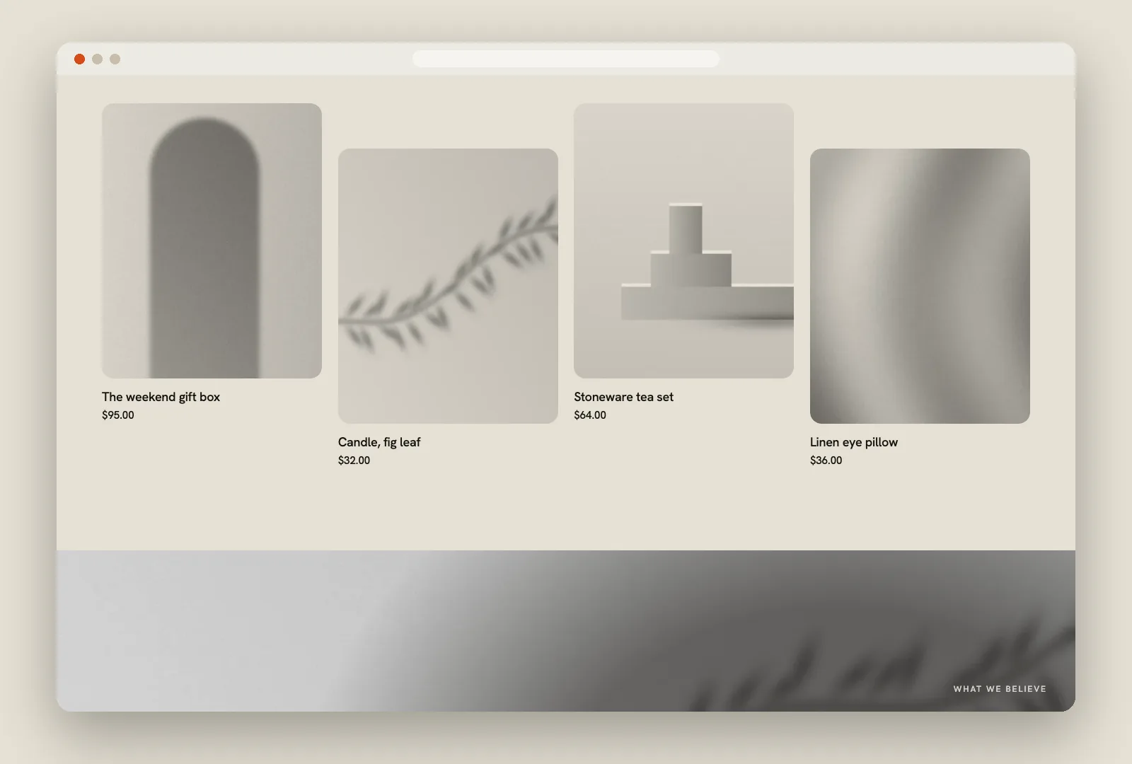 Shop shelf pattern showing four products on the homepage