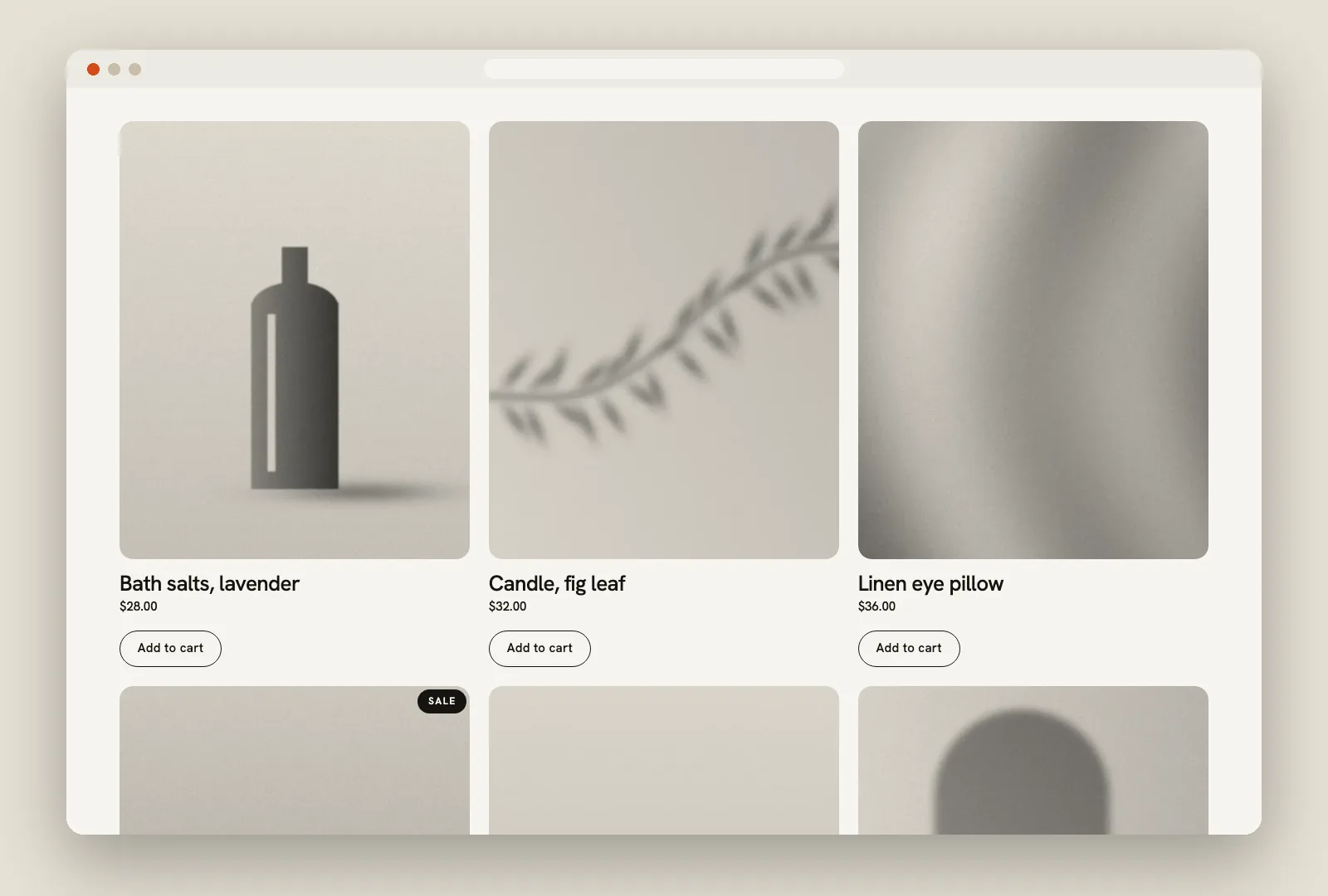 Shop grid with three columns of product cards
